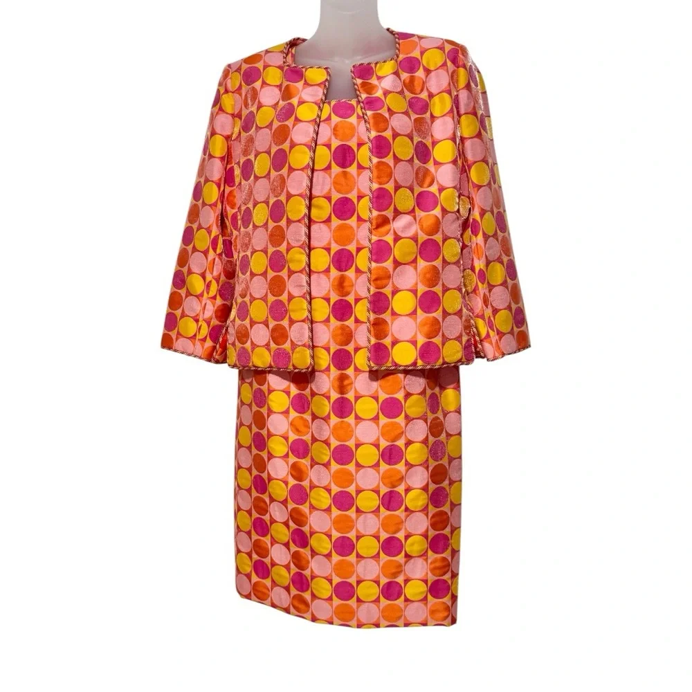 Victor Costa Orange/Pink/Yellow Circles Dress with Matching Jacket